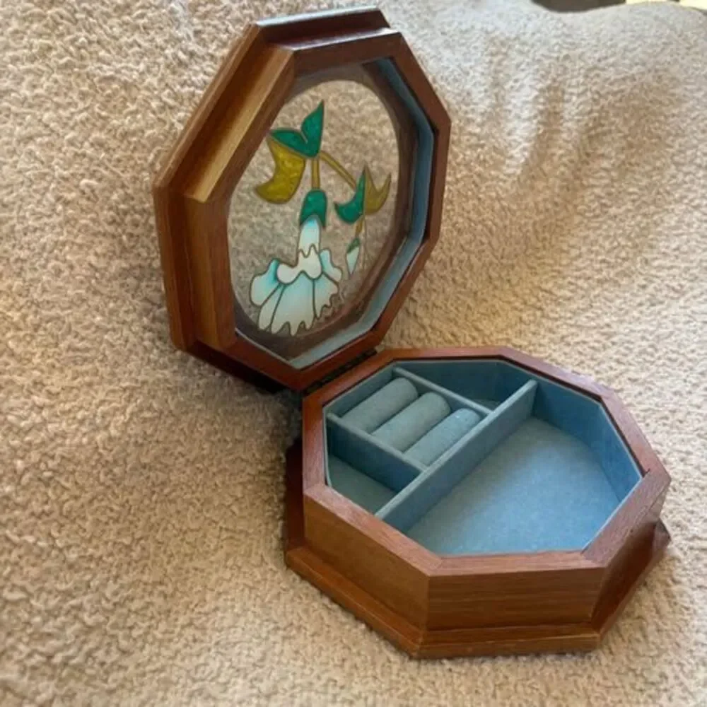 Octagonal Wooden Jewelry Box with Floral Glass Top